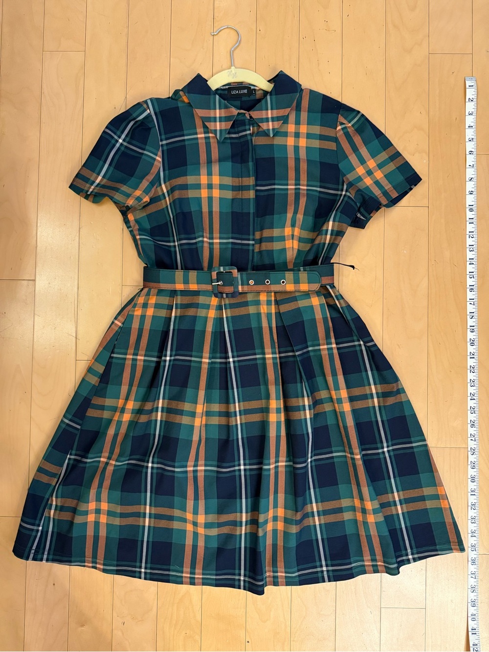 Liza Luxe Plaid Fit & Flare Shirt Dress w/ Belt | Large | Green & Navy